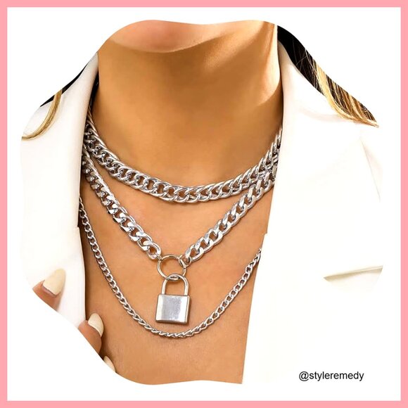 Jewelry - Chunky Chain Necklace Set with Lock Pendant, Layered Cuban Link Choker
